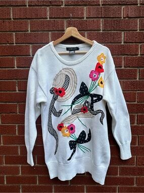 I.B. Diffusion Novelty Appliqué Sweater Hats Flowers Bows Cotton M